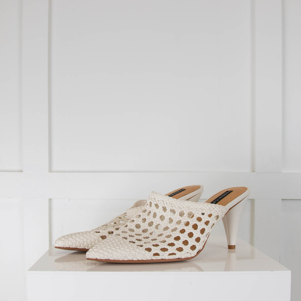 Veronica Beard White Leather Crochet Mules