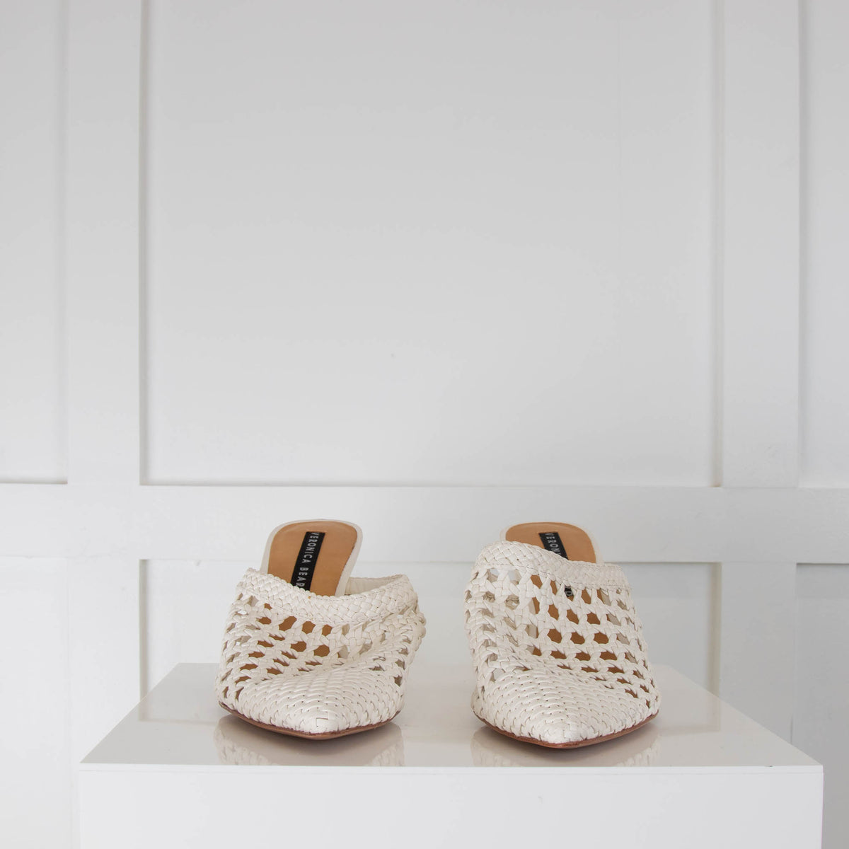 Veronica Beard White Leather Crochet Mules