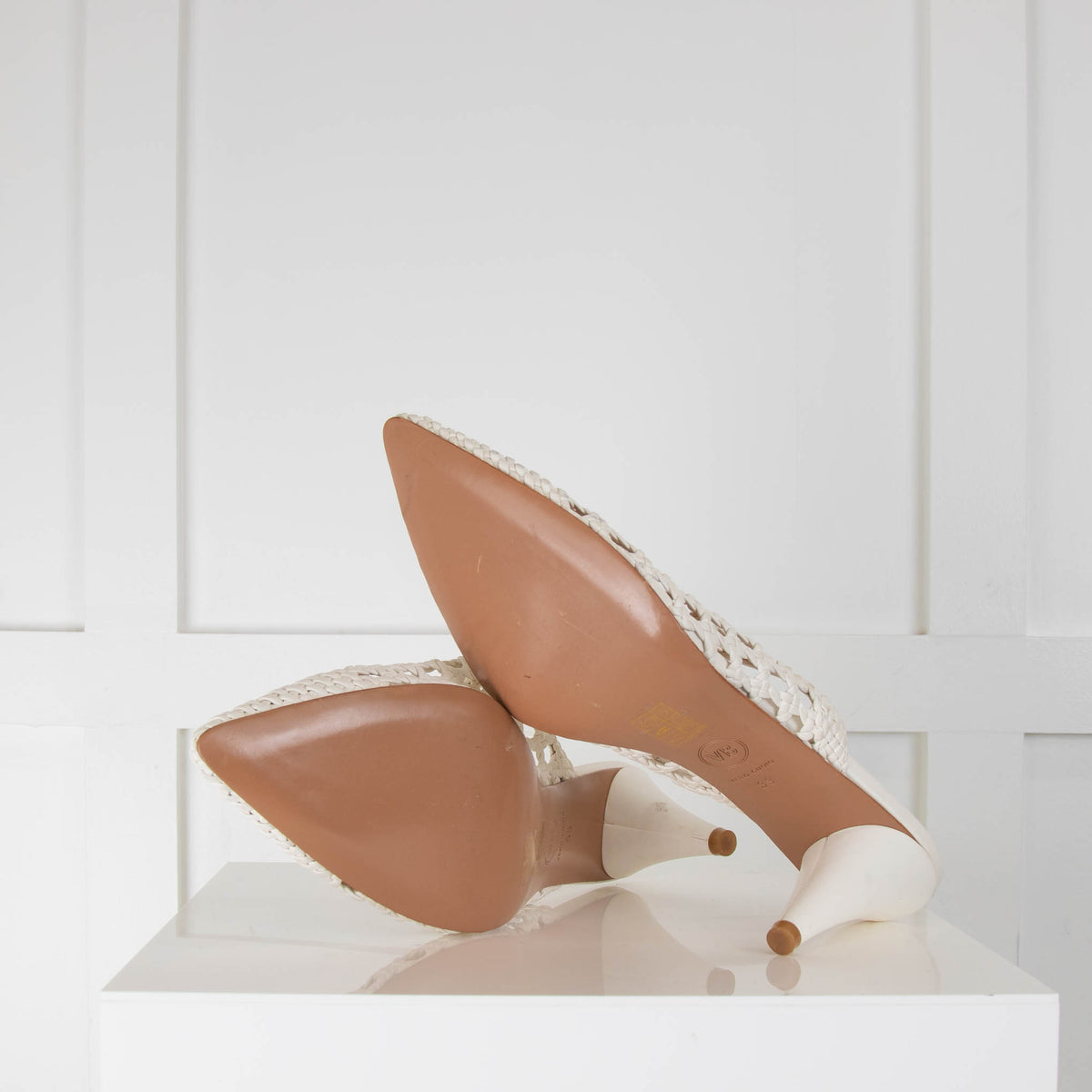 Veronica Beard White Leather Crochet Mules