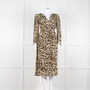 Ba&sh Beige Tigerprint Pleated Notch Neckline Midi Dress