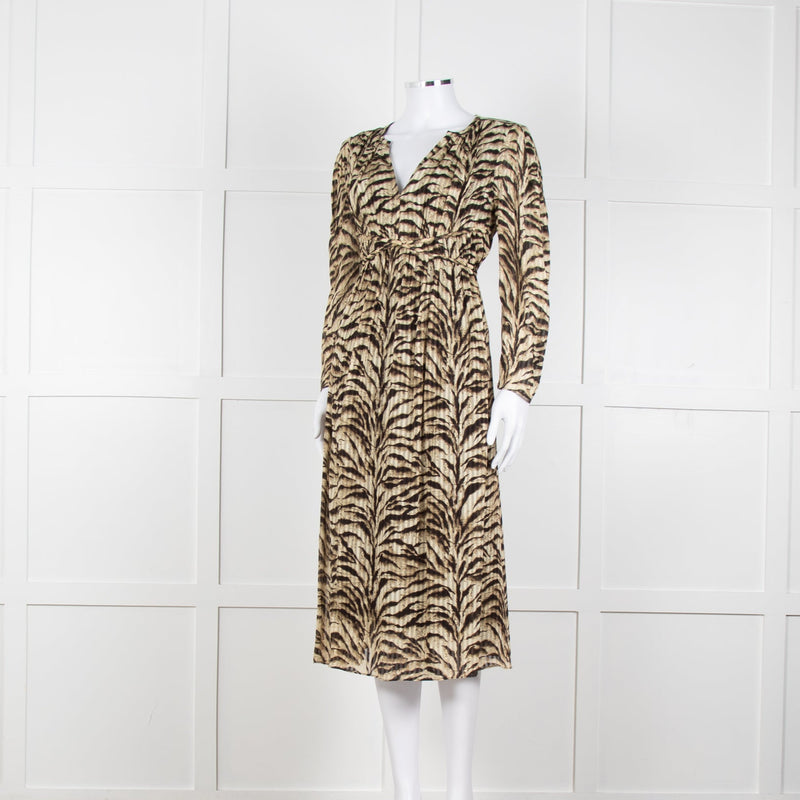 Ba&sh Beige Tigerprint Pleated Notch Neckline Midi Dress