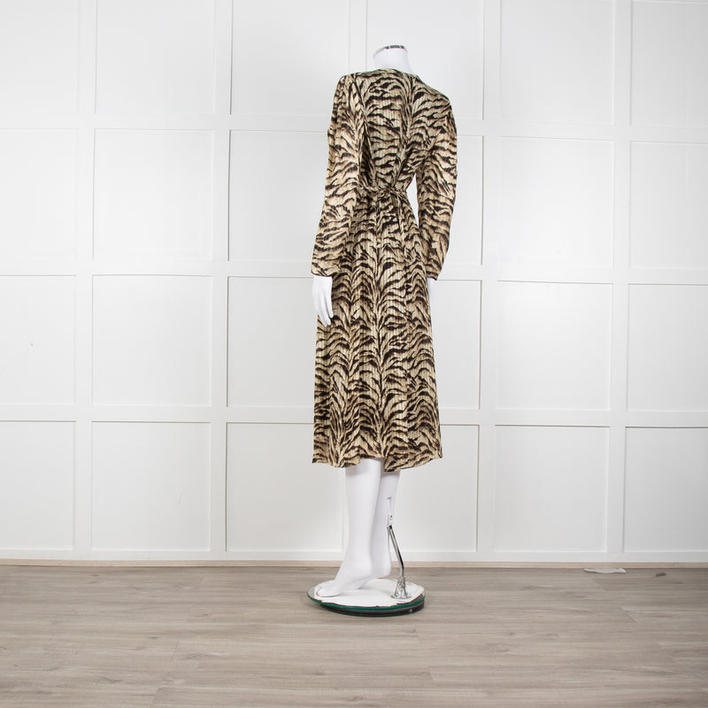 Ba&sh Beige Tigerprint Pleated Notch Neckline Midi Dress