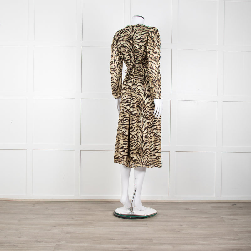 Ba&sh Beige Tigerprint Pleated Notch Neckline Midi Dress