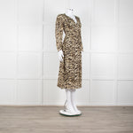 Ba&sh Beige Tigerprint Pleated Notch Neckline Midi Dress