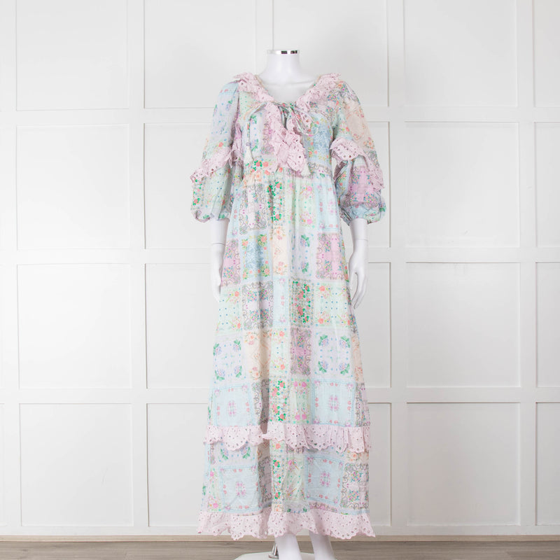 Fillyboo Pastel Blue Pink Floral Lace Trim Maxi Dress