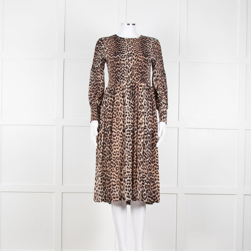 Ganni Leopard Print Midi Dress with Smocked Chest