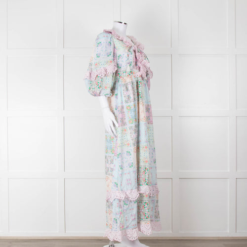 Fillyboo Pastel Blue Pink Floral Lace Trim Maxi Dress
