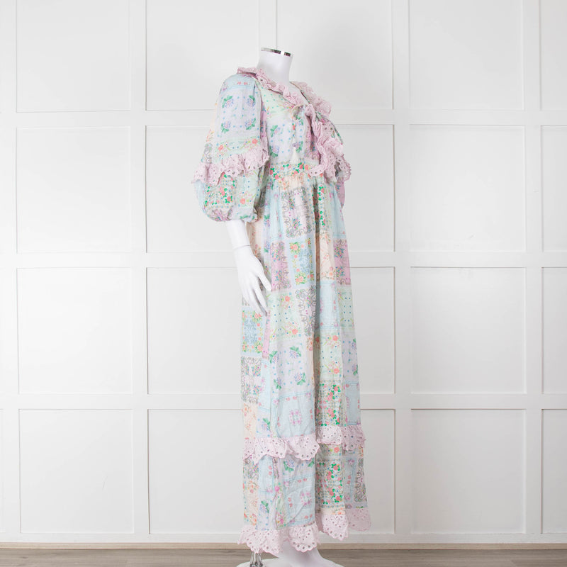 Fillyboo Pastel Blue Pink Floral Lace Trim Maxi Dress