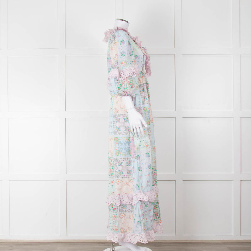 Fillyboo Pastel Blue Pink Floral Lace Trim Maxi Dress