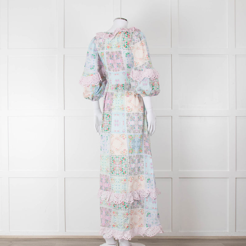 Fillyboo Pastel Blue Pink Floral Lace Trim Maxi Dress