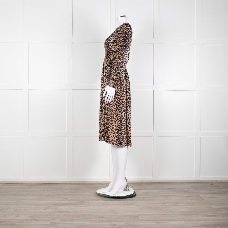 Ganni Leopard Print Midi Dress with Smocked Chest