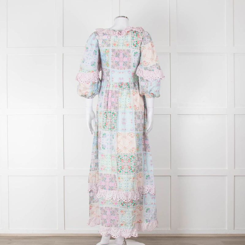 Fillyboo Pastel Blue Pink Floral Lace Trim Maxi Dress
