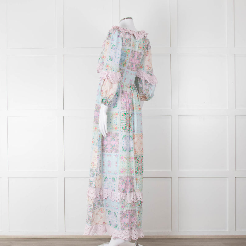 Fillyboo Pastel Blue Pink Floral Lace Trim Maxi Dress