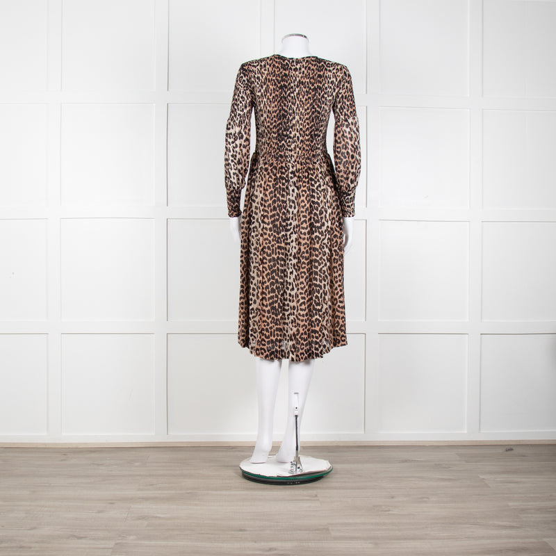 Ganni Leopard Print Midi Dress with Smocked Chest