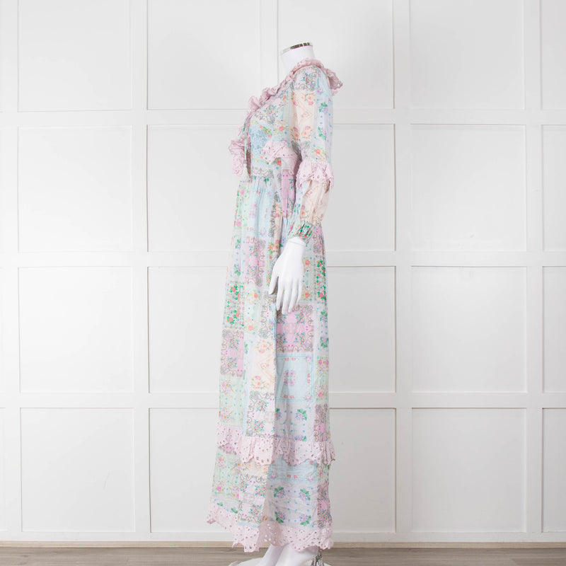 Fillyboo Pastel Blue Pink Floral Lace Trim Maxi Dress