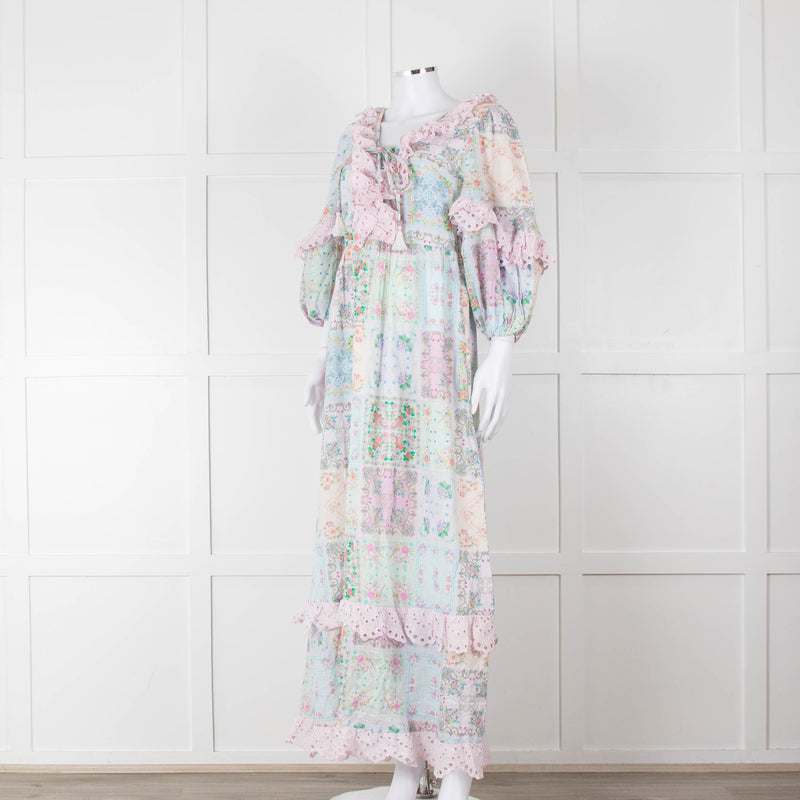 Fillyboo Pastel Blue Pink Floral Lace Trim Maxi Dress