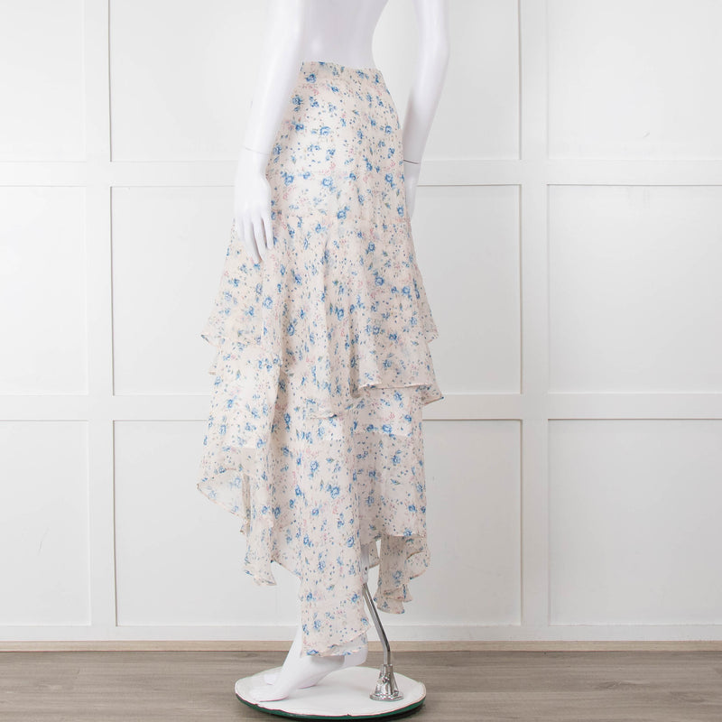 LoveShackFancy Cream Blue Floral Layered Skirt