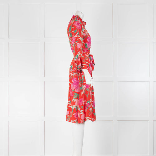 Beulah Red Pink Botanical Print Tie Button Up Frill Trimmed Silk Midi Dress