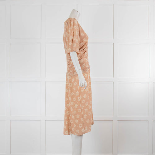 Bottega Veneta Peach Cream Floral Short Sleeve Button Front Silk Dress