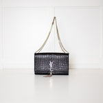 Saint Laurent Kate Medium Tassel Croc Embossed Crossbody Bag Silver