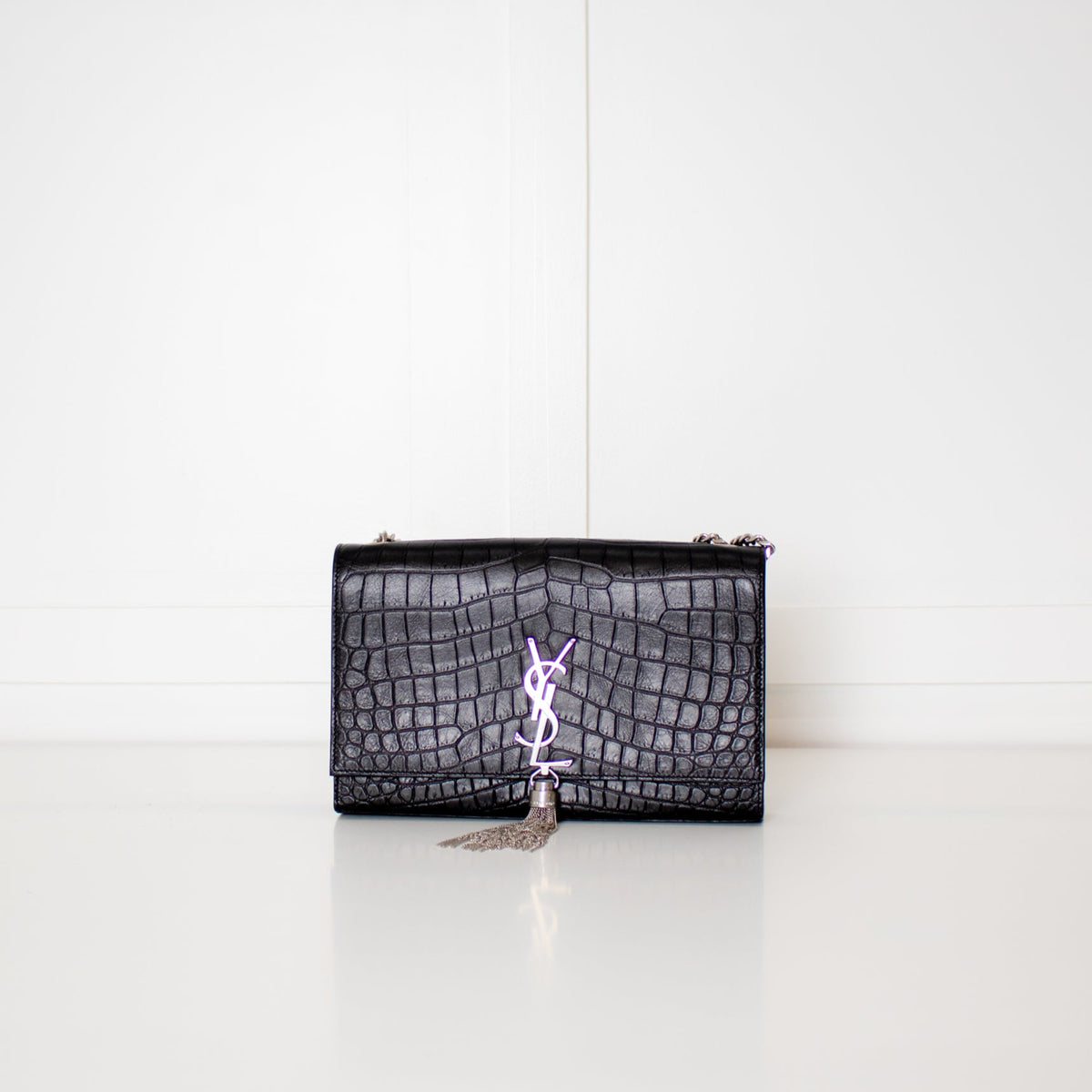 Saint Laurent Kate Medium Tassel Croc Embossed Crossbody Bag Silver