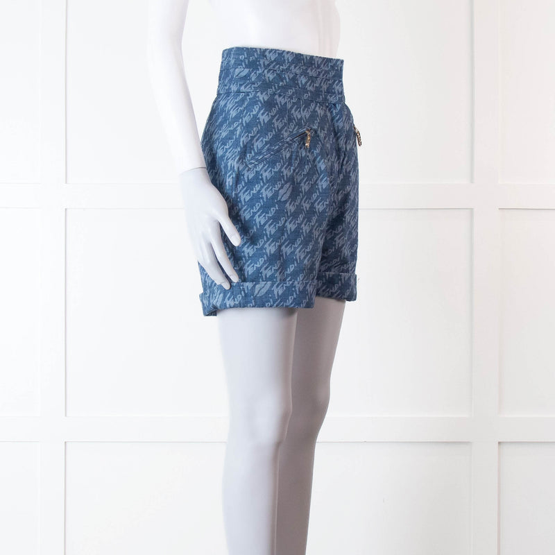 Fendi Blue Logo Chambray High Waisted Shorts