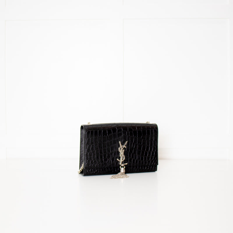 Saint Laurent Kate Medium Tassel Croc Embossed Crossbody Bag Silver