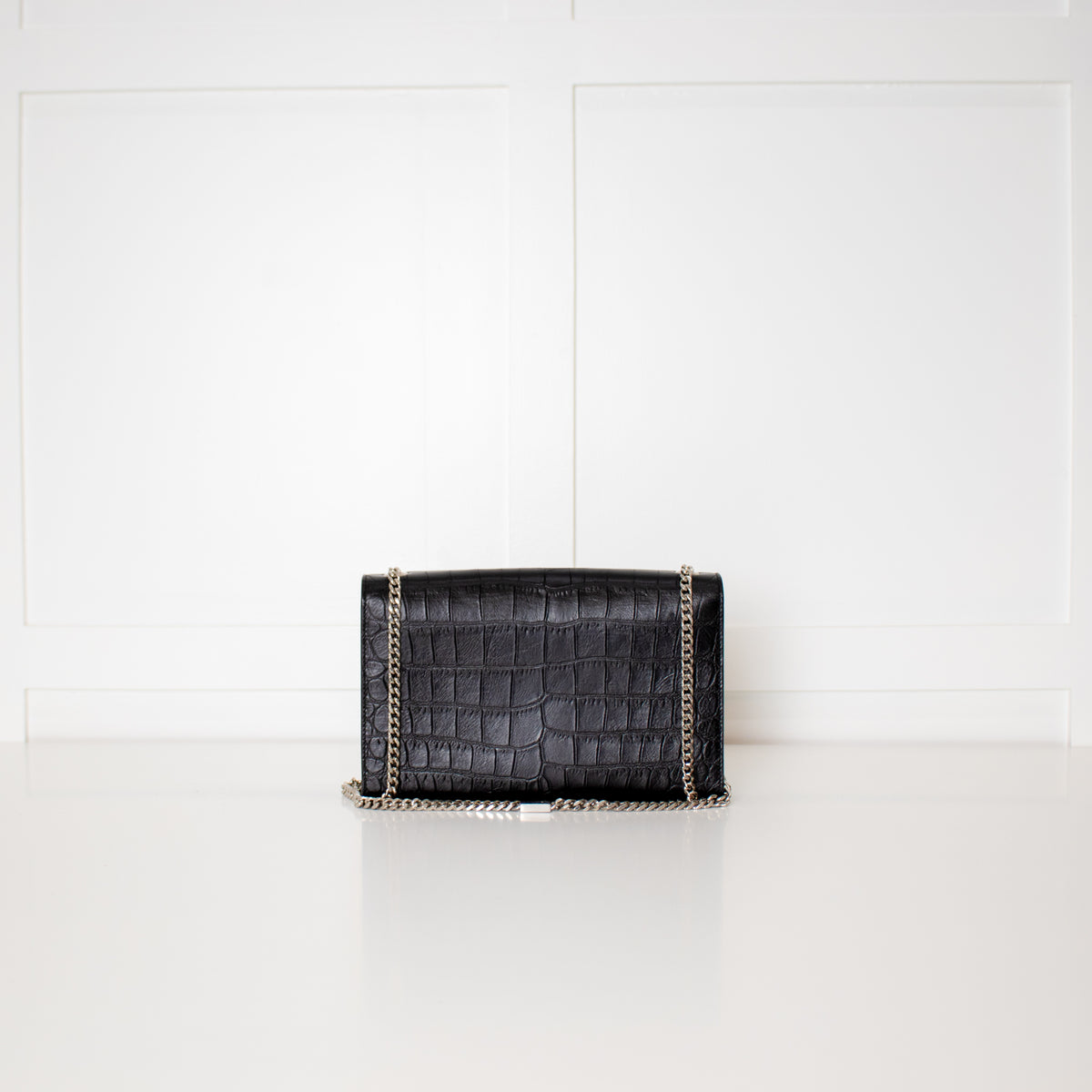 Saint Laurent Kate Medium Tassel Croc Embossed Crossbody Bag Silver