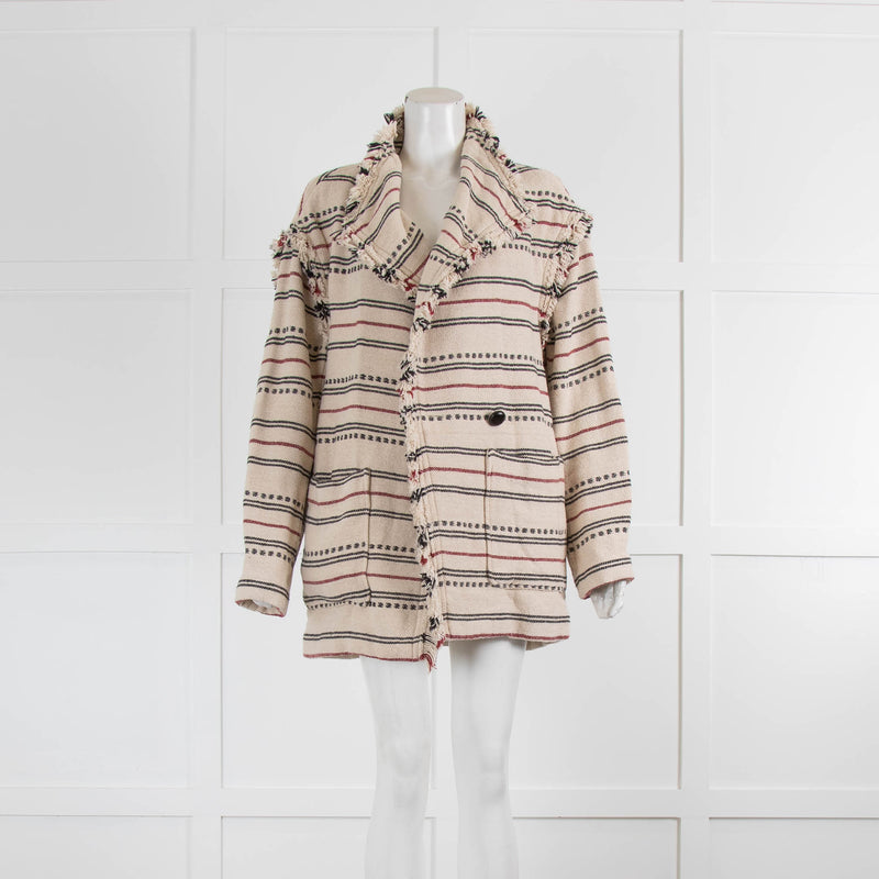 Isabel Marant Etoile Cream Black Striped  Fringed Heavy Linen Jacket