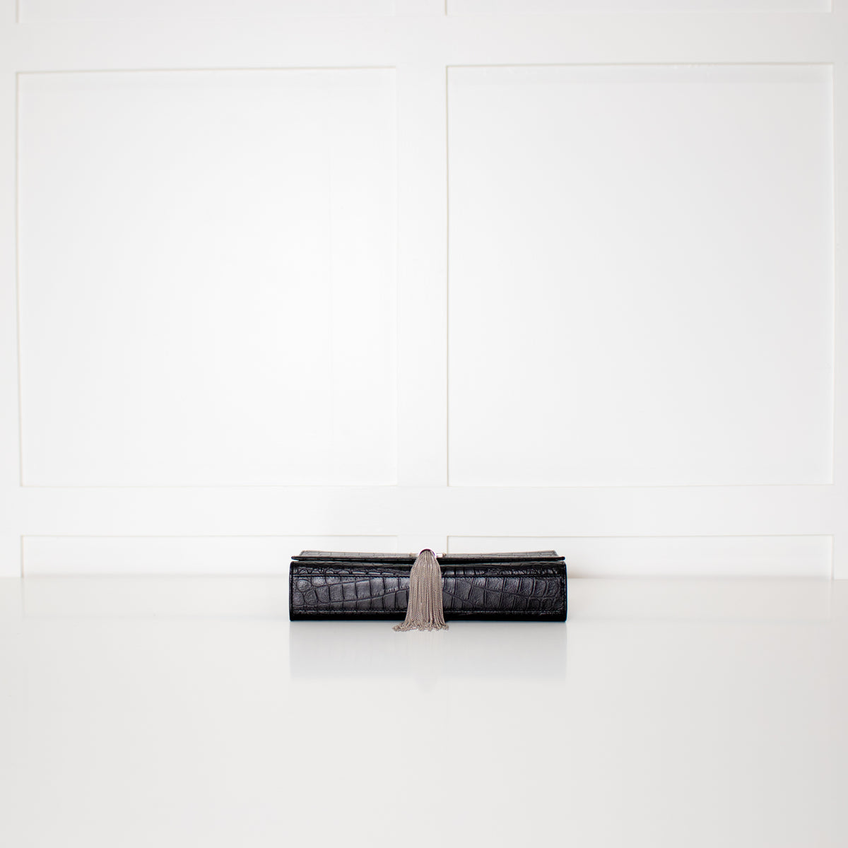 Saint Laurent Kate Medium Tassel Croc Embossed Crossbody Bag Silver