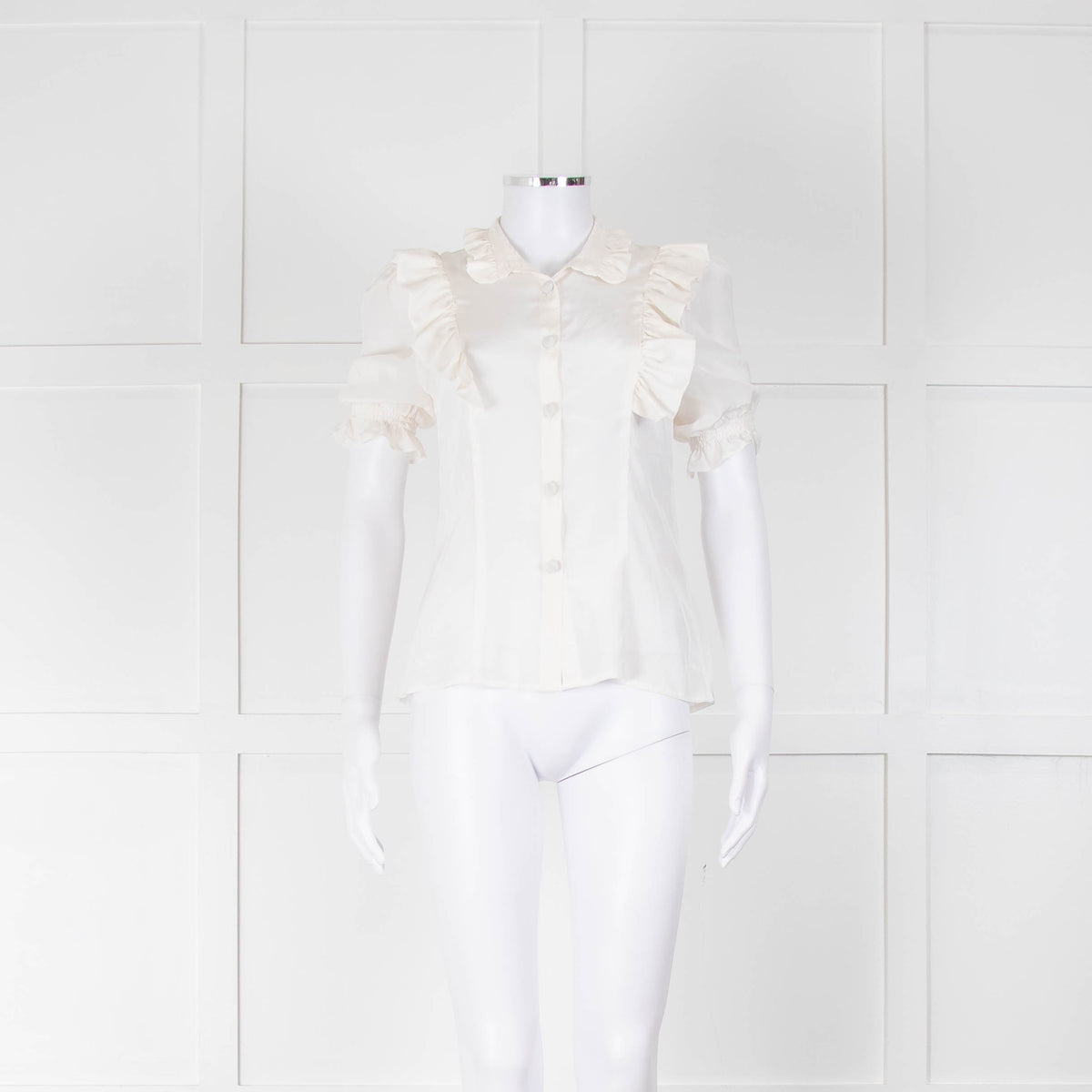 Ridley White Silk Frill Trim Puff Sleeve Blouse