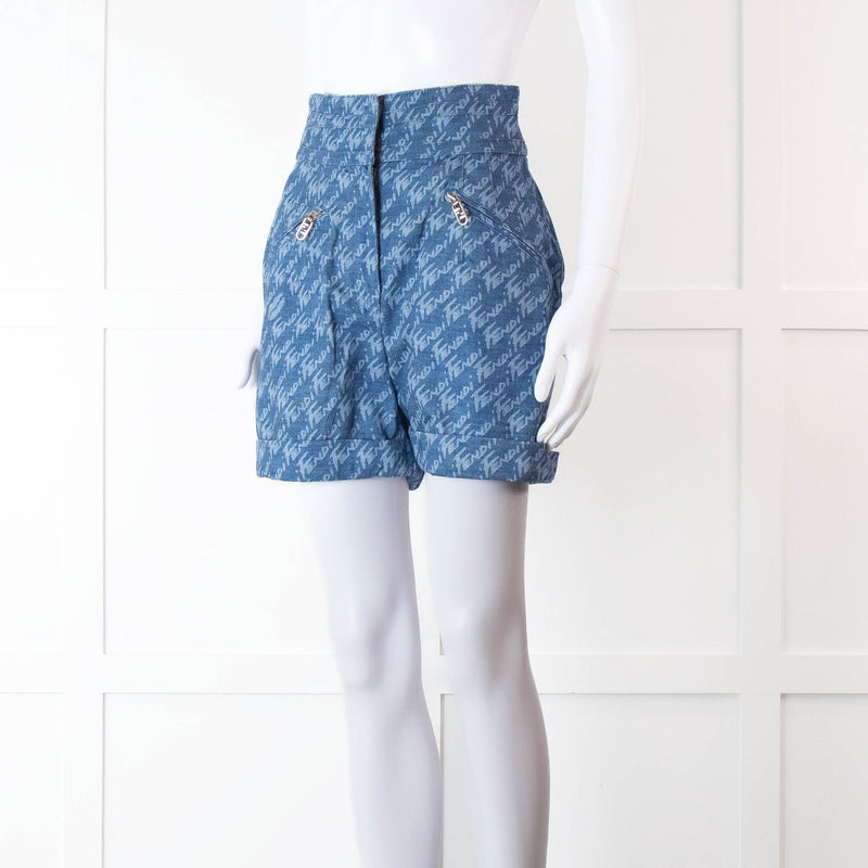 Fendi Blue Logo Chambray High Waisted Shorts