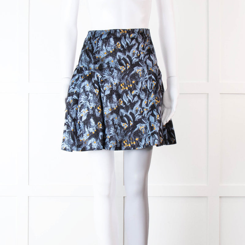 Christian Dior Black and Blue Sketchy Floral Silk and Wool Mix Mini Skirt