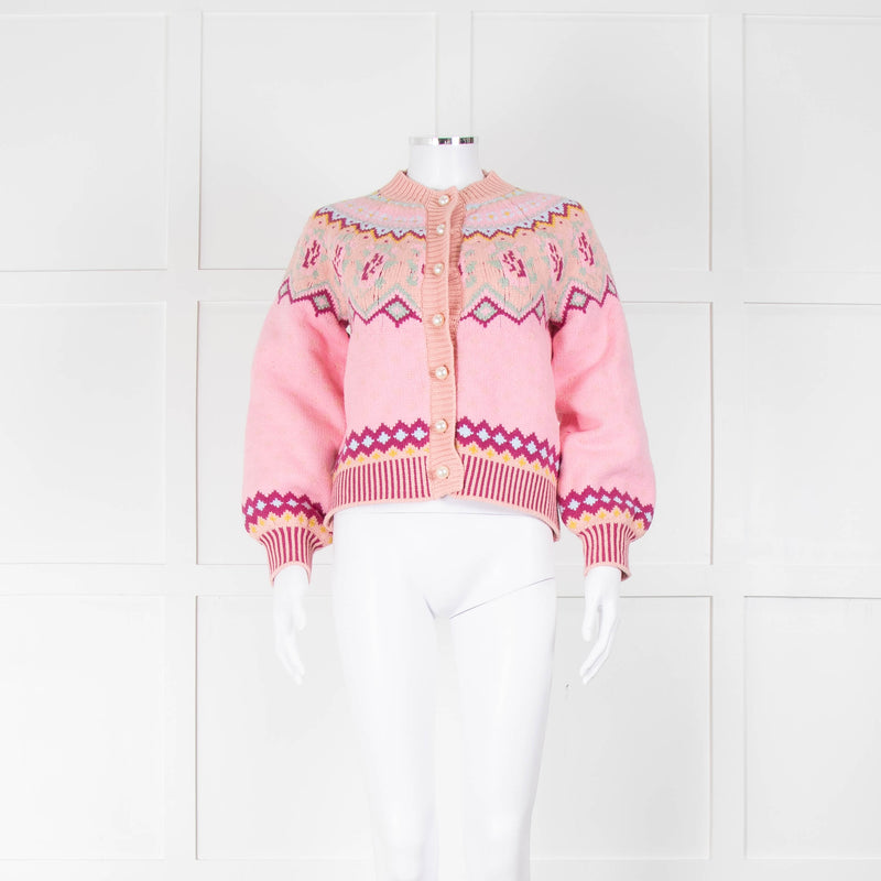 LoveShackFancy Pale Pink Pearl Button Fairisle Boyfriend Cardigan