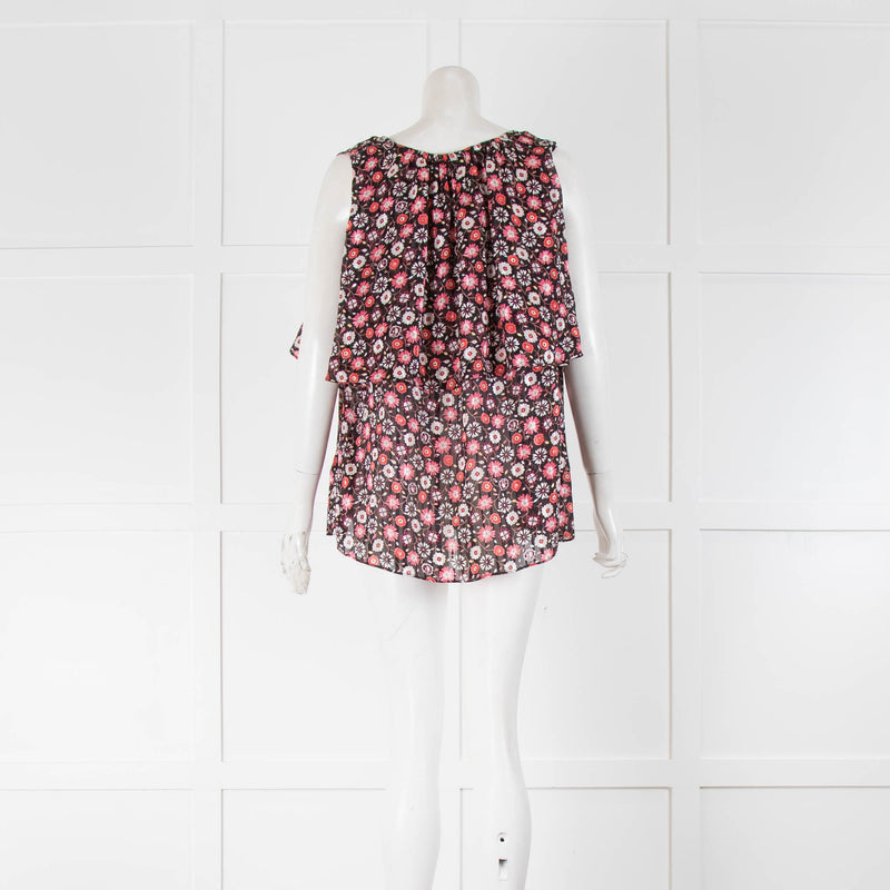 Kate Spade Black Pink Floral Mini Cape Detail Top