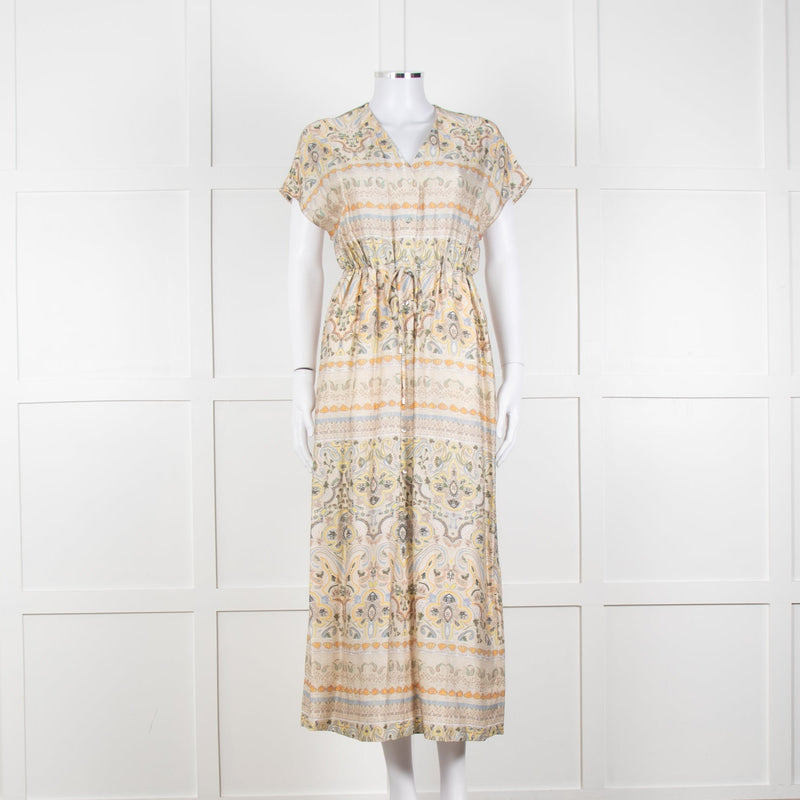 Mos Mosh Cream And Pastel Pattern Silky Tie Front Cap Sleeve Shirt Dress