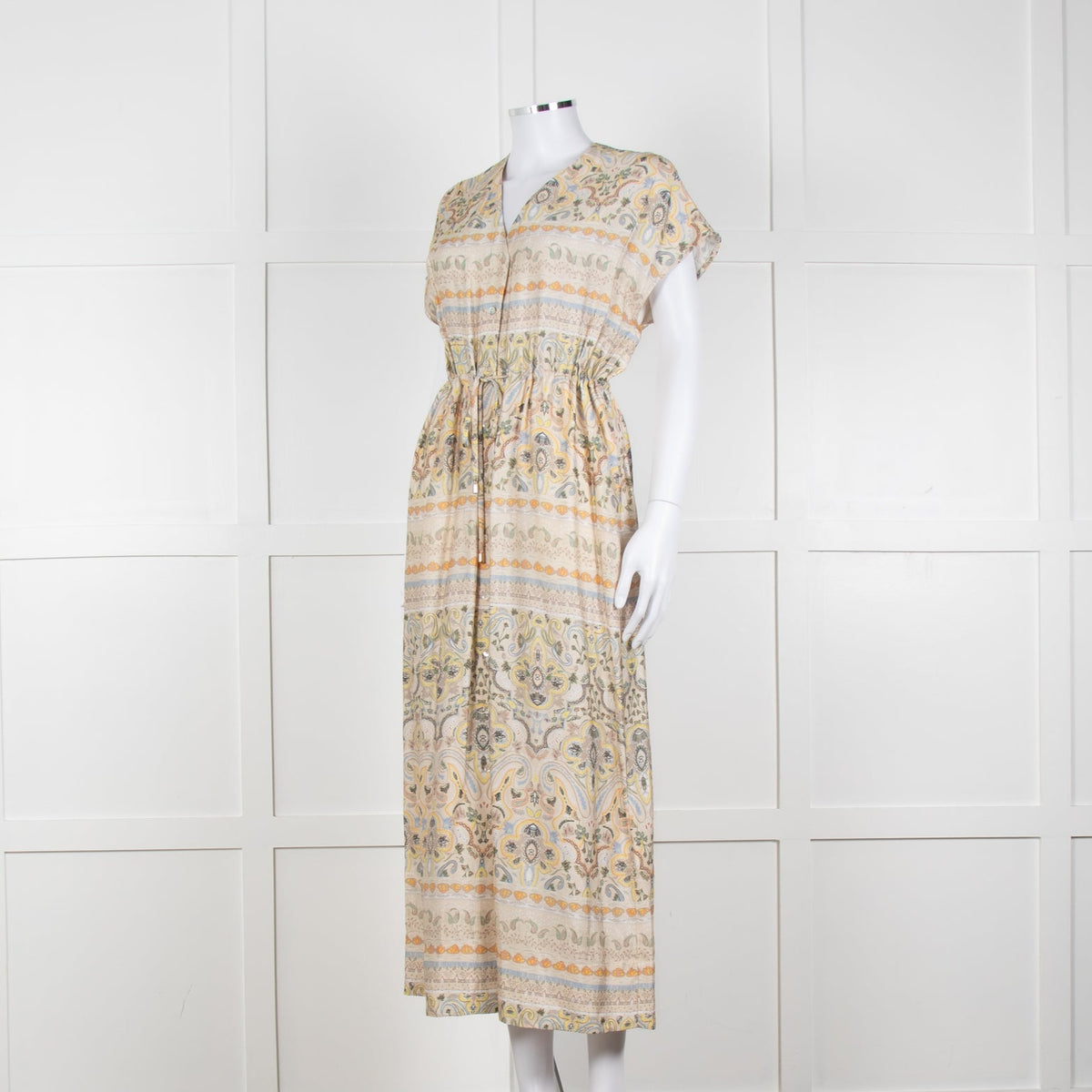 Mos Mosh Cream And Pastel Pattern Silky Tie Front Cap Sleeve Shirt Dress