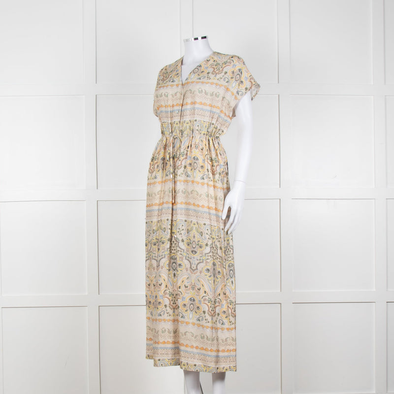 Mos Mosh Cream And Pastel Pattern Silky Tie Front Cap Sleeve Shirt Dress