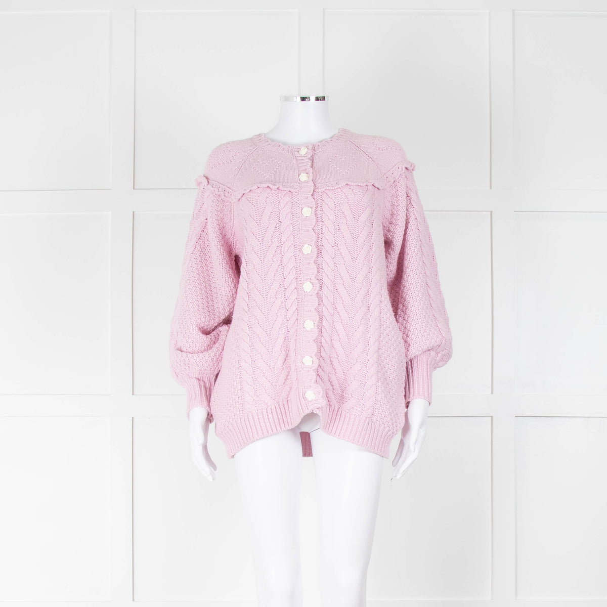LoveShackFancy Pale Pink Rose Button Cable Cardigan