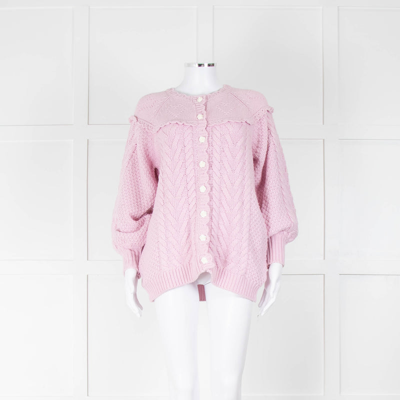 LoveShackFancy Pale Pink Rose Button Cable Cardigan