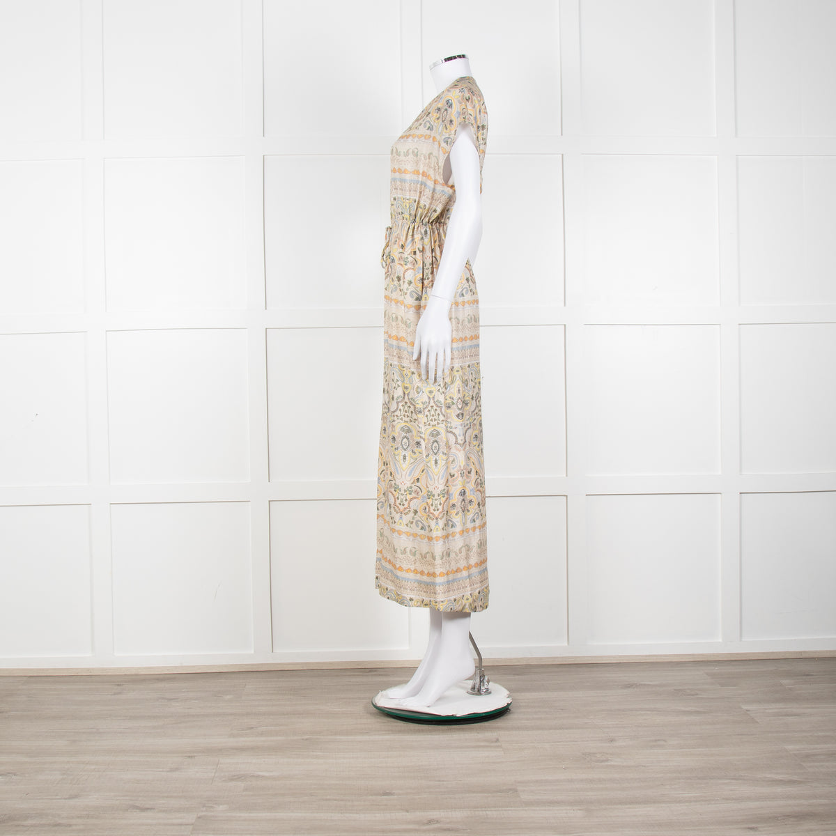 Mos Mosh Cream And Pastel Pattern Silky Tie Front Cap Sleeve Shirt Dress