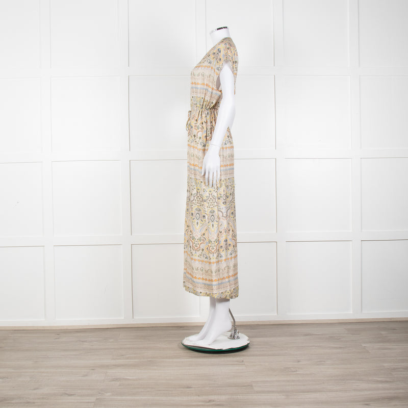 Mos Mosh Cream And Pastel Pattern Silky Tie Front Cap Sleeve Shirt Dress