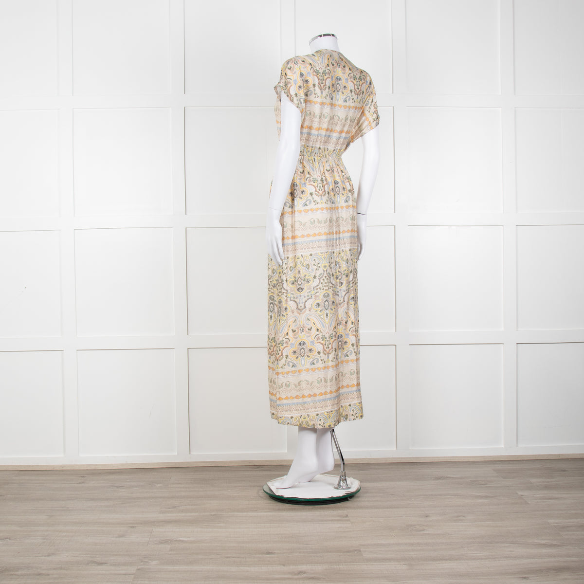 Mos Mosh Cream And Pastel Pattern Silky Tie Front Cap Sleeve Shirt Dress