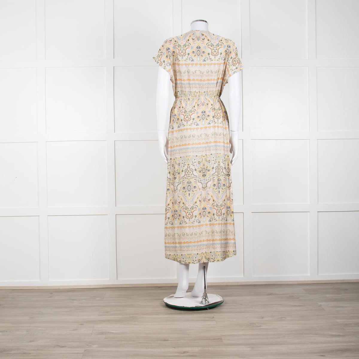 Mos Mosh Cream And Pastel Pattern Silky Tie Front Cap Sleeve Shirt Dress