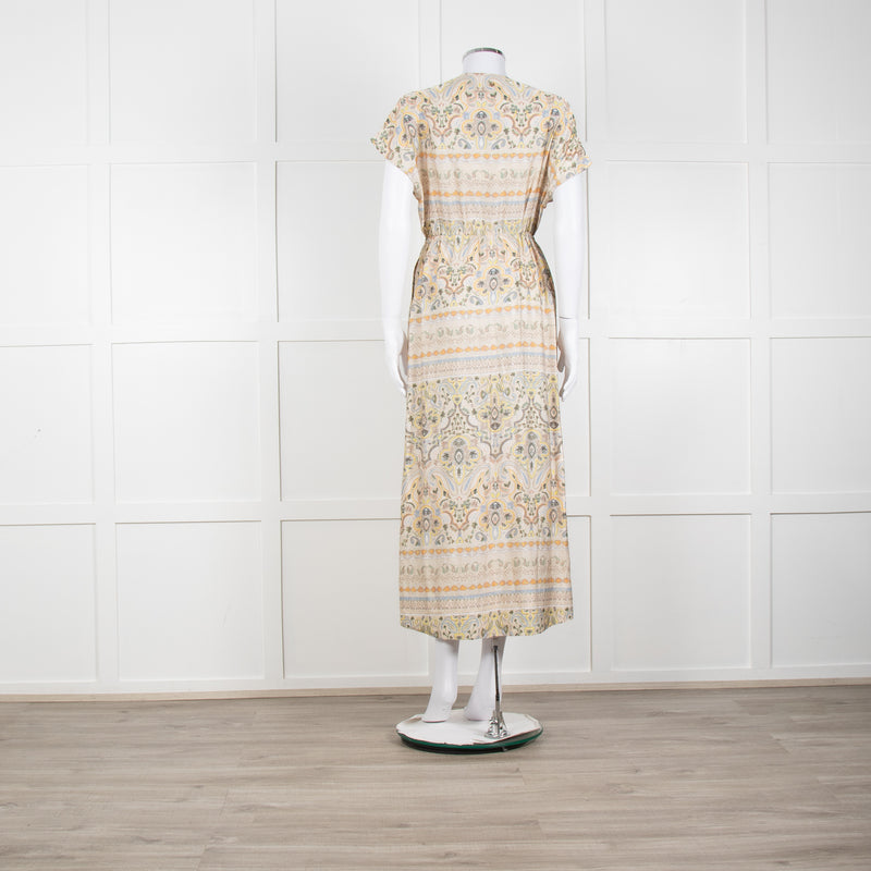 Mos Mosh Cream And Pastel Pattern Silky Tie Front Cap Sleeve Shirt Dress