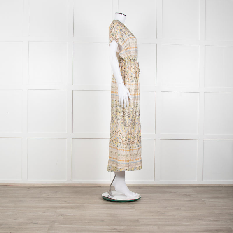 Mos Mosh Cream And Pastel Pattern Silky Tie Front Cap Sleeve Shirt Dress