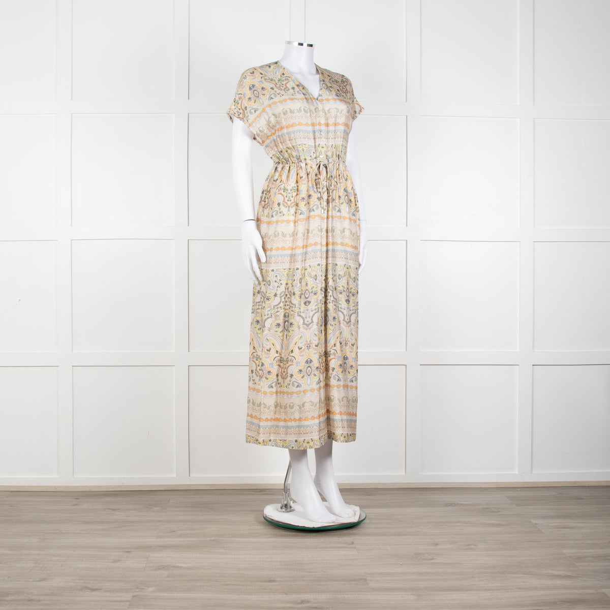 Mos Mosh Cream And Pastel Pattern Silky Tie Front Cap Sleeve Shirt Dress