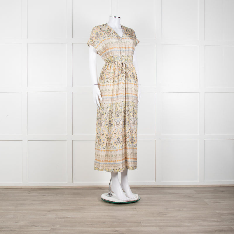 Mos Mosh Cream And Pastel Pattern Silky Tie Front Cap Sleeve Shirt Dress