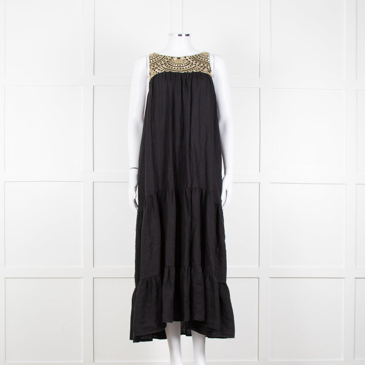 Greek Archaic Kori Black Sleeveless Maxi Dress With Gold Embroidered Bodice