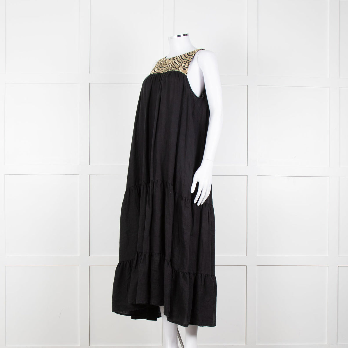 Greek Archaic Kori Black Sleeveless Maxi Dress With Gold Embroidered Bodice